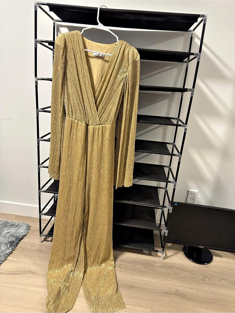 Gold Pleated Wide-Leg Jumpsuit Like New
